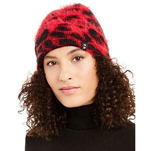 $36 DKNY Fuzzy Animal Print Beanie Red and Black Leopard Spots One Size NWT
